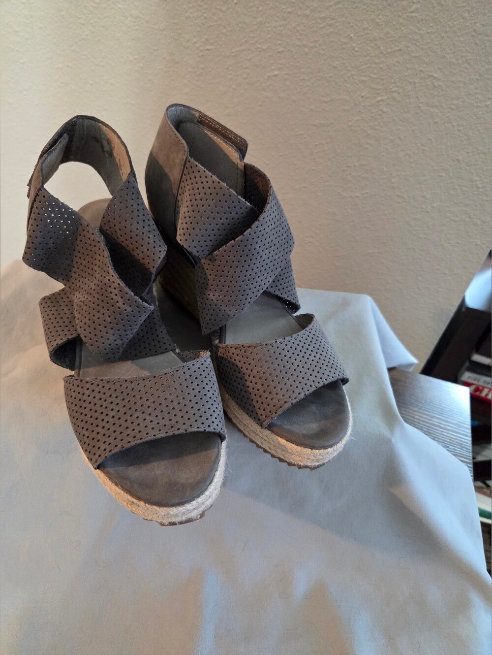 Eileen Fisher Perforated Gray Espadrille Wedges